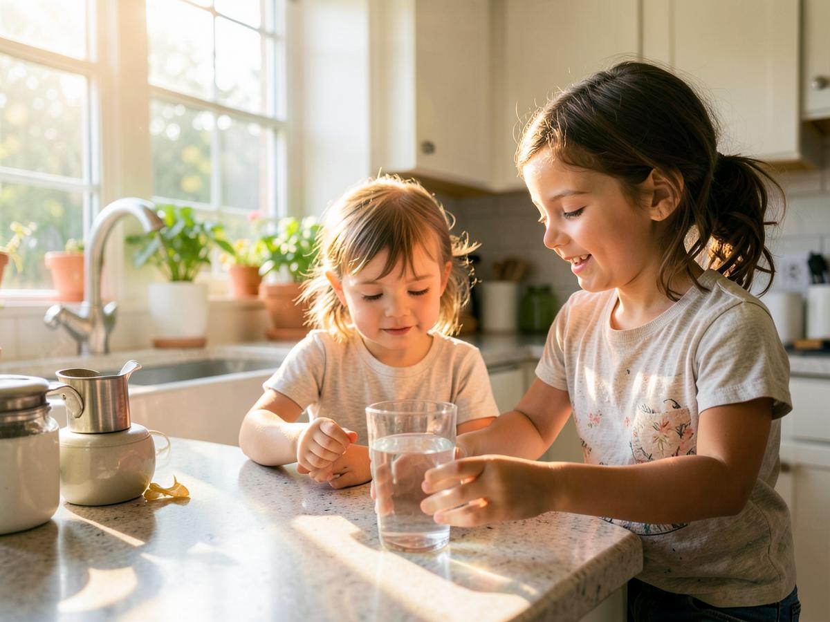 Children pouring a glass of clear filtered water in a sunny kitchen