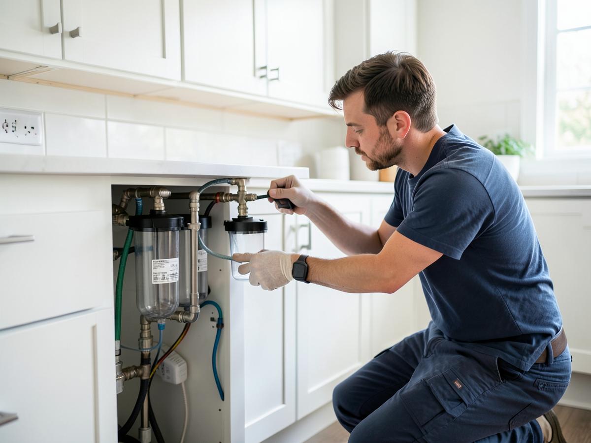 Engineer installing an under-sink water filtration system in a bright kitchen