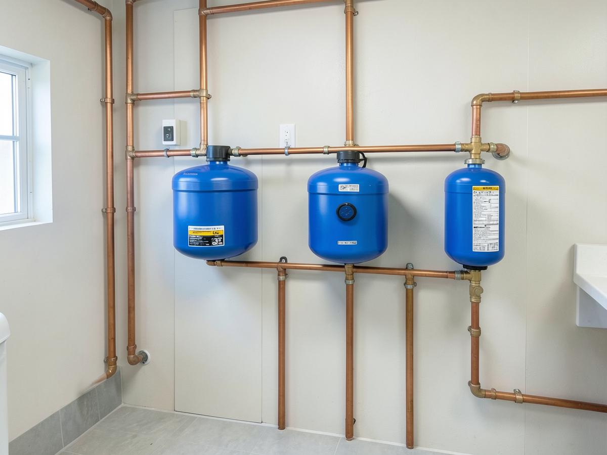 Whole-house water filtration system neatly installed on a utility room wall